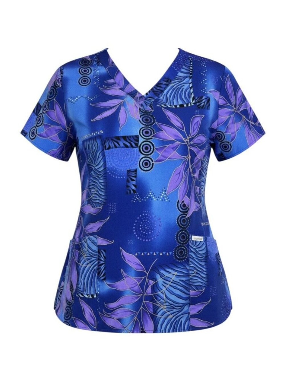 Cherokee Womens V-Neck Floral Print Scrub Top 2XL Blue/Purple Short Sleeve